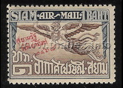 a flying Garuda (1 baht, deep blue and brown with red overprint)