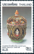 benjarong covered jar overglazed with designs of thevada